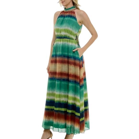 Taylor NWT Printed Chiffon Mock Neck Sleeveless Gathered Maxi Dress Rust Teal 6 - Picture 8 of 10